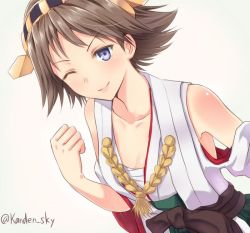 Rule 34 | 10s, 1girl, bad id, bad twitter id, bare shoulders, blue eyes, brown hair, clenched hand, detached sleeves, hairband, hiei (kancolle), japanese clothes, kanden sky, kantai collection, looking at viewer, nontraditional miko, one eye closed, personification, short hair, smile, solo, twitter username, wink