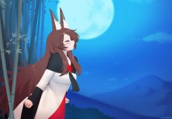 Rule 34 | 1girl, animal ear fluff, animal ears, arms at sides, bamboo, brooch, brown hair, capelet, clenched hands, commentary, dress, closed eyes, full moon, imaizumi kagerou, jewelry, kuroonehalf, leaning forward, long hair, long sleeves, moon, mountainous horizon, night, scenery, sidelocks, solo, star (sky), touhou, very long hair, wide sleeves, wolf ears