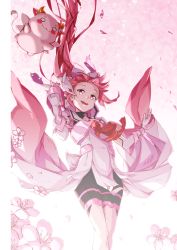 Rule 34 | 1girl, absurdres, armor, blush stickers, breastplate, breasts, bull, cherry blossoms, dress, flower, gauntlets, gyuuki (yuyuyu), hair ornament, highres, horns, long hair, looking at viewer, open mouth, pink dress, pink hair, ponytail, red ribbon, ribbon, sakuria, small breasts, tail, very long hair, wind, yuuki yuuna, yuuki yuuna wa yuusha de aru, yuusha de aru