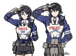 Rule 34 | 1boy, 1girl, akira howard (female), akira howard (male), artist request, astral chain, blush, brother and sister, brown eyes, brown hair, chain, gloves, hair ornament, jacket, long sleeves, police, police uniform, short hair, siblings, simple background, smile, twins, uniform, white background