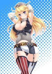 Rule 34 | 1girl, armpits, arms up, asanuma katsuaki, asymmetrical legwear, belt, black panties, blonde hair, blue background, blue eyes, breasts, buckle, cameltoe, cowboy shot, elbow gloves, front-tie top, garter straps, gloves, hair between eyes, halftone, headgear, highres, iowa (kancolle), kantai collection, large breasts, looking at viewer, miniskirt, mismatched legwear, panties, polka dot, polka dot background, skirt, smile, solo, star-shaped pupils, star (symbol), striped clothes, striped thighhighs, symbol-shaped pupils, thighhighs, thighs, underwear, vertical-striped clothes, vertical-striped thighhighs