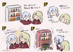 Rule 34 | 0 0, 2girls, ^^^, ^ ^, arms at sides, assault lily, blonde hair, blunt bangs, braid, brown sailor collar, can, canned coffee, chibi, closed eyes, closed mouth, clothes grab, comic, commentary request, cropped torso, drink can, eighth note, eye contact, facing another, grey hair, hair ribbon, hand on another&#039;s arm, hand up, hands up, highres, holding hands, jitome, kabayaki (kabayaki eel), kanba girls high school uniform, kon kanaho, long sleeves, looking at another, miyagawa takane, motion lines, multiple girls, musical note, necktie, no mouth, notice lines, open mouth, outstretched arm, pink background, pointing, pointing to the side, profile, purple ribbon, red shirt, ribbon, sailor collar, school uniform, serafuku, shirt, short necktie, side-by-side, side braid, sleeve grab, smirk, solid circle eyes, spoken musical note, surprised, translated, twitter username, vending machine, white necktie, yuri