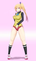 Rule 34 | 10s, 1girl, absurdres, aster crowley, bare legs, black shirt, black socks, blonde hair, bow, bowtie, breasts, buruma, collared shirt, covering privates, covering crotch, female focus, hair ribbon, hand on own chest, highres, kawakami mai, large breasts, legs, long hair, long sleeves, looking at viewer, mole, mole on thigh, mole under eye, musaigen no phantom world, pink background, ponytail, purple eyes, ribbon, school uniform, shadow, shirt, shoes, side ponytail, smile, sneakers, socks, solo, standing, sweater vest
