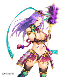 Rule 34 | 1girl, ;o, alternate color, armor, bikini armor, breasts, cleavage, club, club (weapon), cropped vest, faulds, fingerless gloves, gauntlets, gloves, greaves, hat, hizuki akira, jewelry, large breasts, long hair, lots of jewelry, midriff, navel, one eye closed, polearm, purple eyes, purple hair, ribbon-trimmed clothes, ribbon trim, shiny skin, simple background, skindentation, solo, spiked club, thighhighs, vest, weapon, white background