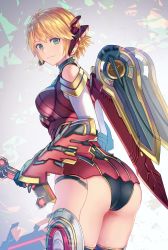 Rule 34 | 1girl, absurdres, anbe yoshirou, ass, bare shoulders, blonde hair, breasts, cyborg, fiora (xenoblade), from behind, gloves, green eyes, highres, leotard, looking at viewer, medium breasts, shiny clothes, shiny skin, short hair, sideboob, smile, solo, sword, thighhighs, weapon, wings, xenoblade chronicles (series), xenoblade chronicles 1