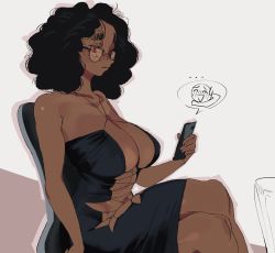 Rule 34 | 1girl, absurdres, bare shoulders, black dress, black hair, breasts, chair, cleavage, clothing cutout, commentary, dark-skinned female, dark skin, dress, english commentary, feet out of frame, freckles, gigi (whoopsatro), glasses, highres, holding, holding phone, large breasts, long hair, navel cutout, original, phone, profile, red eyes, revealing clothes, sitting, sleeveless, sleeveless dress, solo, table, whoopsatro