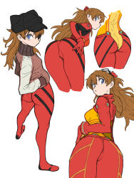 Rule 34 | 1girl, absurdres, alternate costume, ass, ass focus, blue eyes, blush, bodysuit, brown hair, butt crack, cameltoe, curvy, evangelion: 2.0 you can (not) advance, evangelion: 3.0 you can (not) redo, floating hair, from behind, full body, hair over shoulder, hands on own hips, hat, highres, huge ass, interface headset, jacket, leaning forward, legs together, long hair, looking at viewer, looking back, multiple views, neon genesis evangelion, plugsuit, rebuild of evangelion, red bodysuit, redesign, see-through, see-through bodysuit, shiny clothes, shoulder pads, simple background, skin tight, solo, souryuu asuka langley, test plugsuit, toshinoshin, two side up, white background, wide hips