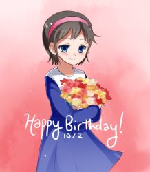 Rule 34 | 1girl, ahoge, birthday, blue eyes, blush, brown hair, closed mouth, commentary request, corpse party, hairband, happy birthday, mochida yuka, school uniform, short hair, smile, solo