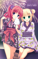 Rule 34 | 2girls, :d, aerial fireworks, aqua eyes, bad id, bad pixiv id, blonde hair, blush, breasts, character name, collarbone, cotton candy, dated, eating, fireworks, floral print, flower, geta, hair bun, hair flower, hair ornament, hairclip, hand up, ichiroku, japanese clothes, kimono, leg up, long hair, long sleeves, looking at viewer, multiple girls, night, one side up, open mouth, original, outdoors, print kimono, purple eyes, red hair, sana (ichiroku), sash, sena (ichiroku), short hair, short kimono, short yukata, single hair bun, smile, star (symbol), star hair ornament, tengu-geta, wide sleeves, yukata