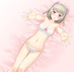 Rule 34 | 1girl, ar tonelico, ar tonelico iii, blonde hair, blush, bra, braid, breasts, cleavage, gust, hair ornament, highres, incoming hug, kamoto tatsuya, lingerie, lying, navel, on back, outstretched arms, outstretched hand, panties, purple eyes, saki (ar tonelico), short hair, solo, striped bra, striped clothes, striped panties, twin braids, underwear, underwear only
