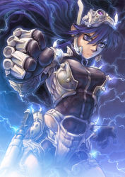 Rule 34 | 1girl, akio (artist), armor, blue hair, blue theme, breasts, clenched hand, cowboy shot, electricity, expressionless, floating hair, foreshortening, hair between eyes, headpiece, long hair, looking at viewer, original, serious, solo, very long hair