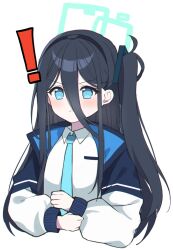 Rule 34 | !, 1girl, absurdly long hair, aqua halo, aris (blue archive), black hair, blue archive, blue eyes, blue necktie, blush, closed mouth, collared shirt, green halo, halo, highres, long hair, long sleeves, murase48, necktie, one side up, ringed eyes, shirt, solo, upper body, very long hair, white shirt