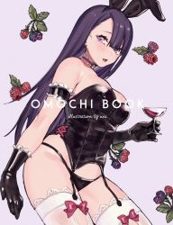 Rule 34 | 1girl, animal ears, arm at side, armband, armpit crease, artist name, asymmetrical bangs, bad hands, bare shoulders, berry, black bustier, black garter straps, black gloves, black panties, blackberry (fruit), blush, bow, bow legwear, breasts, bustier, choker, comitia, commentary, contrapposto, cover, cowboy shot, cross-laced clothes, cup, earrings, eyelashes, fake animal ears, fang, food, frilled armband, frilled choker, frilled gloves, frills, fruit, garter straps, gloves, groin, hair between eyes, hairband, highleg, highleg panties, highres, holding, holding cup, jewelry, lace, lace-trimmed legwear, lace trim, large breasts, leaf, leotard, lingerie, long hair, looking at viewer, lower teeth only, midriff peek, open mouth, original, panties, pink bow, pink choker, playboy bunny, purple background, purple eyes, purple hair, rabbit ears, simple background, sleeveless, solo, straight hair, teeth, thighhighs, tsurime, underwear, uni (melm), white thighhighs