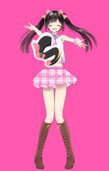 Rule 34 | 1girl, absurdres, black hair, boots, cross-laced footwear, highres, knees together feet apart, lace-up boots, long hair, looking at viewer, microphone, necktie, open mouth, pink background, rascala39, ribbon, sakurazuki kanon, shirt, simple background, skirt, smile, solo, standing, straight hair, twintails, virtual youtuber