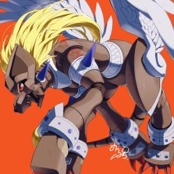 Rule 34 | armor, claws, digimon, digimon (creature), duftmon, duftmon leopard mode, highres, long hair, solo, tail, wings