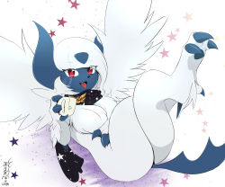 Rule 34 | 1girl, :3, absol, artist name, asymmetrical horns, badge, black scarf, blue skin, body fur, claws, coffee, colored skin, creatures (company), crossed legs, cup, dated, eryz, eyes visible through hair, fang, female focus, fluffy, full body, furry, furry female, game freak, gen 3 pokemon, hand up, happy, highres, holding, holding cup, horns, legs up, looking at viewer, lying, mega absol, mega pokemon, mug, nintendo, on back, open mouth, poke ball symbol, poke ball theme, pokemon, pokemon (creature), pokemon mystery dungeon, red eyes, scarf, short hair, signature, smile, solo, sparkle, star (symbol), star print, starry background, steam, tongue, white background, white fur, white hair, white wings, wings