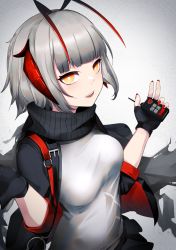 Rule 34 | 1girl, arknights, black gloves, black jacket, breasts, detonator, fingerless gloves, gloves, grey hair, hands up, highres, holding, horns, jacket, looking at viewer, medium breasts, nail polish, open clothes, open jacket, open mouth, scarf, shirt, short hair, simple background, smile, solo, torn clothes, upper body, w (arknights), wakamepiza, white shirt, yellow eyes