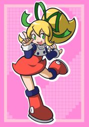 Rule 34 | 1girl, :d, bad id, bad pixiv id, blonde hair, blue shirt, blush stickers, boots, commentary request, dress, flat chest, full body, green eyes, green ribbon, hair between eyes, hair ribbon, index finger raised, knee boots, long hair, long sleeves, looking at viewer, mega man (classic), mega man (series), open mouth, outline, pink background, ponytail, red dress, red footwear, ribbon, roll (mega man), sashisaki ryuunoshin, shirt, sidelocks, smile, solo, standing, standing on one leg, turtleneck, turtleneck dress, undershirt, white outline