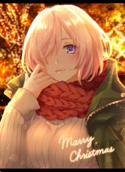 Rule 34 | 1girl, alternate costume, banned artist, breasts, christmas, eyebrows hidden by hair, fate/grand order, fate (series), hair over one eye, jacket, large breasts, light, looking at viewer, mash kyrielight, merry christmas, orii (orii i), pink hair, purple eyes, ribbed sweater, scarf, short hair, smile, solo, sweater, upper body, winter, winter clothes