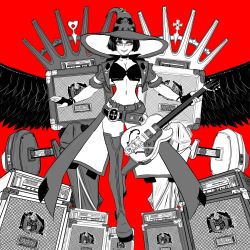 Rule 34 | 1girl, amplifier, belt, breasts, cleavage, electric guitar, fingerless gloves, gloves, guilty gear, guilty gear strive, guitar, hat, highres, i-no, instrument, jacket, looking at viewer, monochrome, short hair, sunglasses, thighhighs, venus symbol, wings, witch hat