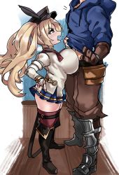 Rule 34 | 1boy, 1girl, angry, blonde hair, breast press, breasts, gran (granblue fantasy), granblue fantasy, head out of frame, highres, large breasts, monika weisswind, shirt tug, shortstack, size difference, standing, zanamaoria