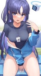 Rule 34 | 1girl, absurdres, between legs, black shirt, blue archive, blue jacket, blush, breasts, cowboy shot, gym uniform, hand between legs, highres, jacket, lanyard, long hair, long sleeves, medium breasts, mutenka (plfgb), open clothes, open jacket, open mouth, parted bangs, partially unzipped, purple eyes, purple hair, shirt, short sleeves, sitting, solo, star sticker, sticker on face, sweat, taut clothes, taut shirt, thighs, track jacket, wet, yuuka (blue archive), yuuka (track) (blue archive)