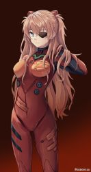 Rule 34 | 1girl, absurdres, artist name, blue eyes, bodysuit, essukaa (e-su), evangelion: 3.0 you can (not) redo, eyepatch, frown, hand in own hair, hand up, highres, interface headset, long hair, looking at viewer, neon genesis evangelion, orange hair, plugsuit, power symbol, rebuild of evangelion, skin tight, solo, souryuu asuka langley, two side up, v-shaped eyebrows, very long hair