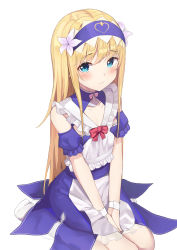 Rule 34 | 1other, absurdres, apron, between legs, blonde hair, blue eyes, blush, bow, chevalier d&#039;eon (fate), closed mouth, commentary request, detached sleeves, dress, fate/grand order, fate (series), flower, hair between eyes, hair flower, hair ornament, hairband, hand between legs, highres, hwanhee, long hair, looking at viewer, no shoes, official alternate costume, puffy short sleeves, puffy sleeves, purple dress, purple hairband, purple sleeves, red bow, short sleeves, simple background, sitting, sleeveless, sleeveless dress, socks, solo, very long hair, waist apron, wariza, white apron, white background, white flower, white socks