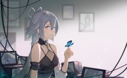 Rule 34 | 1girl, absurdres, arm garter, bare shoulders, blue eyes, broken (7589468), bug, butterfly, cable, collarbone, commentary request, detached collar, dress, grey hair, hair rings, highres, insect, long hair, luo tianyi, monitor, picture frame, sidelocks, solo, vocaloid, vsinger