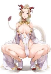 Rule 34 | 1girl, absurdres, black choker, blonde hair, bottle, breasts, cameltoe, choker, cleavage, cleft of venus, commentary, covered navel, detached sleeves, dragon girl, dragon horns, dragon tail, english commentary, enpix, full body, gold trim, high heels, highleg, highleg leotard, highres, horn ornament, horns, large breasts, leotard, long hair, looking at viewer, multiple horns, original, parted lips, pink gemstone, ponytail, red horns, revealing clothes, sidelocks, sleeves past fingers, sleeves past wrists, soda bottle, solo, spread legs, squatting, tail, tassel, teeth, very long hair, virtual youtuber, white background, white footwear, white leotard, white sleeves, wide sleeves, yellow eyes