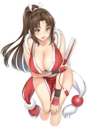 Rule 34 | 1girl, blush, breast hold, breasts, brown eyes, brown hair, collarbone, covered erect nipples, fatal fury, folding fan, hair ornament, hand fan, hand on own knee, high ponytail, highres, japanese clothes, large breasts, leaning forward, long hair, looking at viewer, no bra, no panties, nora shinji, open mouth, pelvic curtain, ponytail, revealing clothes, shiranui mai, simple background, solo, white background, wide hips