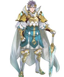 Rule 34 | 1boy, aqua eyes, arm guards, armor, blue hair, boots, cape, clenched hand, closed mouth, feather trim, fire emblem, fire emblem heroes, full body, gauntlets, gloves, highres, hrid (fire emblem), knee boots, long sleeves, looking at viewer, maeshima shigeki, male focus, multicolored hair, nintendo, non-web source, official art, pants, puffy sleeves, short hair, shoulder armor, silver hair, solo, standing, striped, sword, transparent background, vertical stripes, weapon