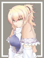 Rule 34 | 1girl, :t, blonde hair, blush, breasts, cube85, detached sleeves, green eyes, hair between eyes, impossible clothes, looking at viewer, medium breasts, mizuhashi parsee, pointy ears, short hair, short ponytail, slit pupils, solo, touhou, upper body