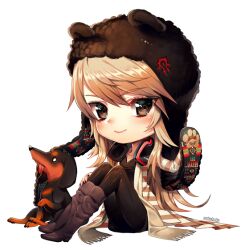 Rule 34 | 1girl, animal ear headwear, animal ears, artist name, beanie, bear ears, black hat, black headphones, black nails, black pants, black shirt, blonde hair, boots, brown eyes, brown jacket, chibi, closed mouth, commentary, commission, dachshund, dog, earflap beanie, english commentary, eyelashes, fake animal ears, fringe trim, full body, grey footwear, hand on headwear, hand on own leg, hat, headphones, headphones around neck, jacket, knees up, light blush, long hair, looking at viewer, multicolored clothes, multicolored jacket, nail polish, open clothes, open jacket, original, pants, paw print, paw print pattern, pink lips, satchely, scarf, shirt, sidelocks, sitting, smile, solo, striped clothes, striped jacket, transparent background, two-sided fabric, two-sided headwear, two-tone jacket, very long hair, white jacket, white scarf