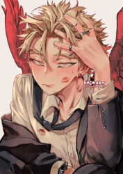 Rule 34 | 1boy, artist name, black jacket, black necktie, blonde hair, blush, boku no hero academia, buttons, closed mouth, commentary, earrings, feathered wings, hand in own hair, hawks (boku no hero academia), jacket, jewelry, kadeart, lipstick mark, lipstick mark on face, lipstick mark on neck, long sleeves, looking at viewer, multiple rings, necktie, parted bangs, red wings, ring, shirt, simple background, solo, stud earrings, sweatdrop, symbol-only commentary, thick eyebrows, watch, white background, white shirt, wings, wristwatch, yellow eyes