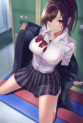 Rule 34 | 1girl, black footwear, black hair, blue jacket, blush, bow, bowtie, breasts, closed mouth, collared shirt, embarrassed, hair ribbon, highres, indoors, jacket, kneeling, large breasts, loafers, locker, locker room, long hair, long sleeves, looking at viewer, loose neckwear, open clothes, open jacket, original, plaid, plaid skirt, pleated skirt, ponytail, purple eyes, red bow, red bowtie, red ribbon, ribbon, school uniform, shirt, shoes, sidelocks, skirt, socks, solo, toumin, undone bowtie, white shirt, white socks