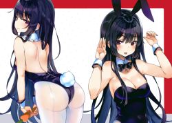 Rule 34 | 1girl, absurdres, animal ears, ass, bare shoulders, black hair, bow, bowtie, breasts, carrot, cleavage, covered navel, detached collar, detexted, fake animal ears, from behind, hairband, highres, houraisan kaguya, leaning forward, leotard, long hair, looking at viewer, looking back, medium breasts, mirei, multiple views, non-web source, pantyhose, playboy bunny, rabbit ears, rabbit pose, rabbit tail, red eyes, scan, smile, stitched, tail, third-party edit, touhou, very long hair, white pantyhose, wrist cuffs