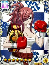 Rule 34 | 1girl, bare shoulders, boxing gloves, breasts, cleavage, erza scarlet, fairy tail, hair over one eye, large breasts, long hair, navel, official art, red hair, solo, tagme