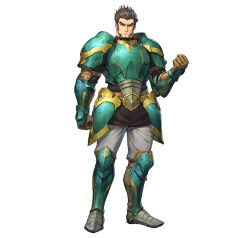 Rule 34 | 1boy, armor, beard, black eyes, black hair, chainmail, dai-xt, facial hair, fire emblem, fire emblem: the sacred stones, fire emblem heroes, gilliam (fire emblem), leg armor, looking at viewer, male focus, nintendo, official art, pants, raised fist, shoulder armor, solo, v-shaped eyebrows, white background