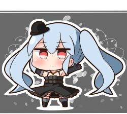 Rule 34 | 1girl, black dress, black footwear, black gloves, black hat, blush, boots, brown background, chibi, closed mouth, commentary request, dress, elbow gloves, full body, gloves, granblue fantasy, grey hair, hana kazari, hands up, hat, jewelry, jitome, looking at viewer, necklace, orchis, outline, shingeki no bahamut, solo, standing, top hat, twintails, white outline