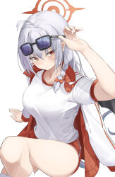 Rule 34 | 1girl, :/, absurdres, ahoge, arm support, arm up, black tail, black wings, blue-tinted eyewear, blue archive, bow, braid, breasts, buruma, closed mouth, commentary request, demon wings, eyewear on head, fake wings, grey hair, gym shirt, gym uniform, hair between eyes, hair bow, halo, haruna (blue archive), haruna (track) (blue archive), hayaku koko, highres, jacket, jacket on shoulders, knee up, kneehighs, large breasts, long hair, looking to the side, official alternate costume, red bow, red buruma, red eyes, red halo, red jacket, shading eyes, shirt, short sleeves, side braid, simple background, single wing, sitting, socks, solo, thighs, tinted eyewear, track jacket, white background, white shirt, white socks, wings