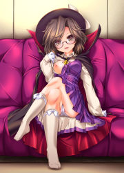 Rule 34 | 1girl, :d, akatsuki shimeji, black cape, black hat, blush, bow, breasts, brown eyes, brown hair, cape, clothes lift, couch, covered erect nipples, crossed legs, dress, dress shirt, full body, glasses, gloves, hat, hat bow, head tilt, lifted by self, long sleeves, looking at viewer, medium breasts, nipples, no bra, no shoes, one breast out, open mouth, panties, pantyshot, plaid, plaid dress, puffy long sleeves, puffy sleeves, red-framed eyewear, semi-rimless eyewear, shirt, shirt lift, short hair, sitting, smile, socks, solo, touhou, under-rim eyewear, underwear, usami sumireko, white bow, white gloves, white panties, white shirt, white socks