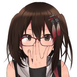 Rule 34 | 1girl, adjusting eyewear, brown eyes, brown hair, hair between eyes, kantai collection, rinto (rint rnt), sendai (kancolle), sendai kai ni (kancolle), short hair, simple background, solo, two side up, white background