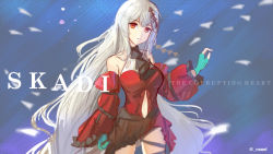 Rule 34 | 1girl, absurdres, arknights, bare shoulders, blue background, character name, clothing cutout, commentary, cowboy shot, detached sleeves, dress, english commentary, fingerless gloves, gloves, green gloves, hand up, highres, long hair, long sleeves, looking at viewer, naoel (naoel art), navel, navel cutout, no headwear, official alternate costume, red dress, red eyes, silver hair, skadi (arknights), skadi the corrupting heart (arknights), solo, twitter username, very long hair