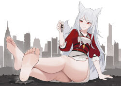 Rule 34 | 1girl, absurdres, animal ear fluff, animal ears, arm support, bare legs, barefoot, breasts, character request, city, cleavage, closed mouth, copyright request, crossed ankles, feet, foreshortening, fox ears, frilled sleeves, frills, full body, giant, giantess, grey hair, high-waist skirt, highres, holding, lan mao akko, legs, long hair, looking at another, medium breasts, outdoors, puffy sleeves, red eyes, side slit, skirt, smile, soles, solo, thighs, toenails, toes, very long hair, white skirt