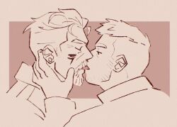 Rule 34 | 2boys, beard stubble, brown theme, closed eyes, david king (dead by daylight), dead by daylight, facial hair, from side, hand on another&#039;s neck, highres, hugsandstabbies, imminent kiss, ko-fi commission, male focus, mature male, monochrome, multiple boys, open mouth, profile, short hair, stubble, thick eyebrows, vittorio toscano, yaoi