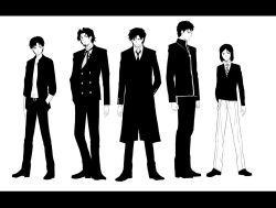 Rule 34 | 00s, 5boys, buttoned cuffs, buttons, closed mouth, double-breasted, emiya kiritsugu, expressionless, fate/stay night, fate/zero, fate (series), formal, greyscale, jacket, kotomine kirei, long sleeves, looking at viewer, male focus, monochrome, multiple boys, open clothes, open jacket, pants, simple background, standing, suit, tohsaka tokiomi, toshibou (satsukisou), uryuu ryuunosuke, waver velvet, white background