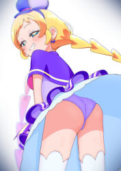 Rule 34 | 1girl, ass, blonde hair, blue eyes, blush, braid, capelet, clothes lift, commentary, cowboy shot, crotch seam, cure friendy, dress, dress lift, dress tug, earrings, from behind, grin, hairband, half-closed eyes, hat, highres, inukai iroha, jewelry, leaning forward, long hair, looking at viewer, looking back, magical girl, naughty face, panties, precure, purple capelet, purple dress, purple hairband, purple panties, short dress, smile, smirk, solo, standing, thighhighs, tiler (tiler00), twin braids, underwear, white thighhighs, wind, wind lift, wonderful precure!