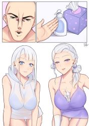 Rule 34 | 1boy, 2girls, 2koma, all fours, artist name, asymmetrical bangs, bald, band-width, bare shoulders, between breasts, black eyes, blue bra, blue eyes, blue panties, bra, braid, breasts, cleavage, collarbone, comic, dress, gloves, hair ornament, half-closed eyes, highres, hooded dress, large breasts, long hair, looking at viewer, lotion, multiple girls, open mouth, original, panties, parted lips, personification, purple dress, see-through, short dress, side ponytail, sleeveless, sleeveless dress, smile, sweat, tissue, tissue box, underwear, white background, white dress, white gloves, white hair