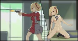 Rule 34 | 1girl, absurdres, blonde hair, blush, breasts, breasts apart, chong wuxin, closed mouth, female focus, firing, from side, full body, gun, hair ribbon, handgun, highres, large breasts, looking at viewer, lycoris recoil, multiple views, navel, nipples, nishikigi chisato, nude, pistol, pussy, red eyes, ribbon, school uniform, short hair, weapon
